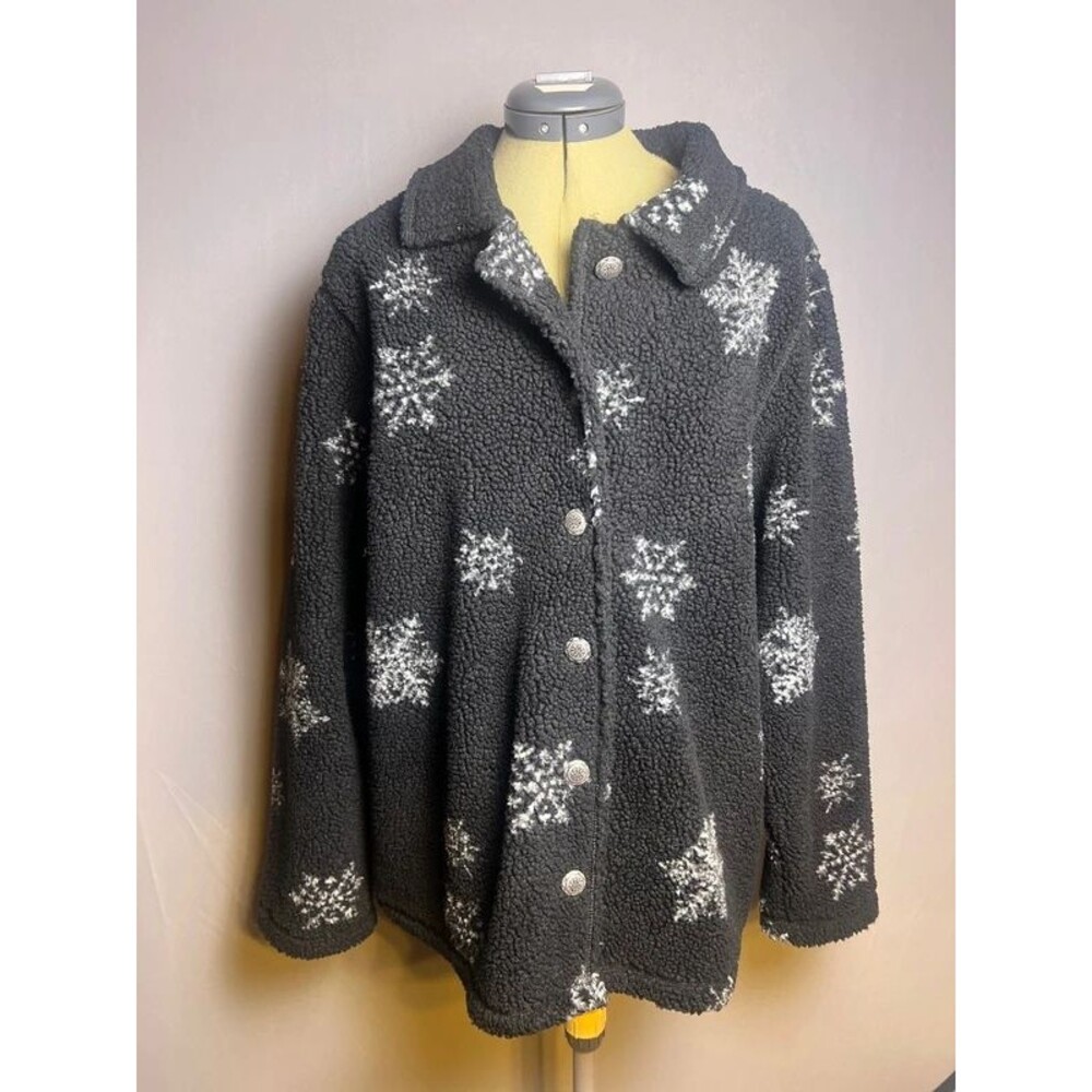 White Stag Women’s L Black Snowflake Fleece Button-Down Jacket Winter